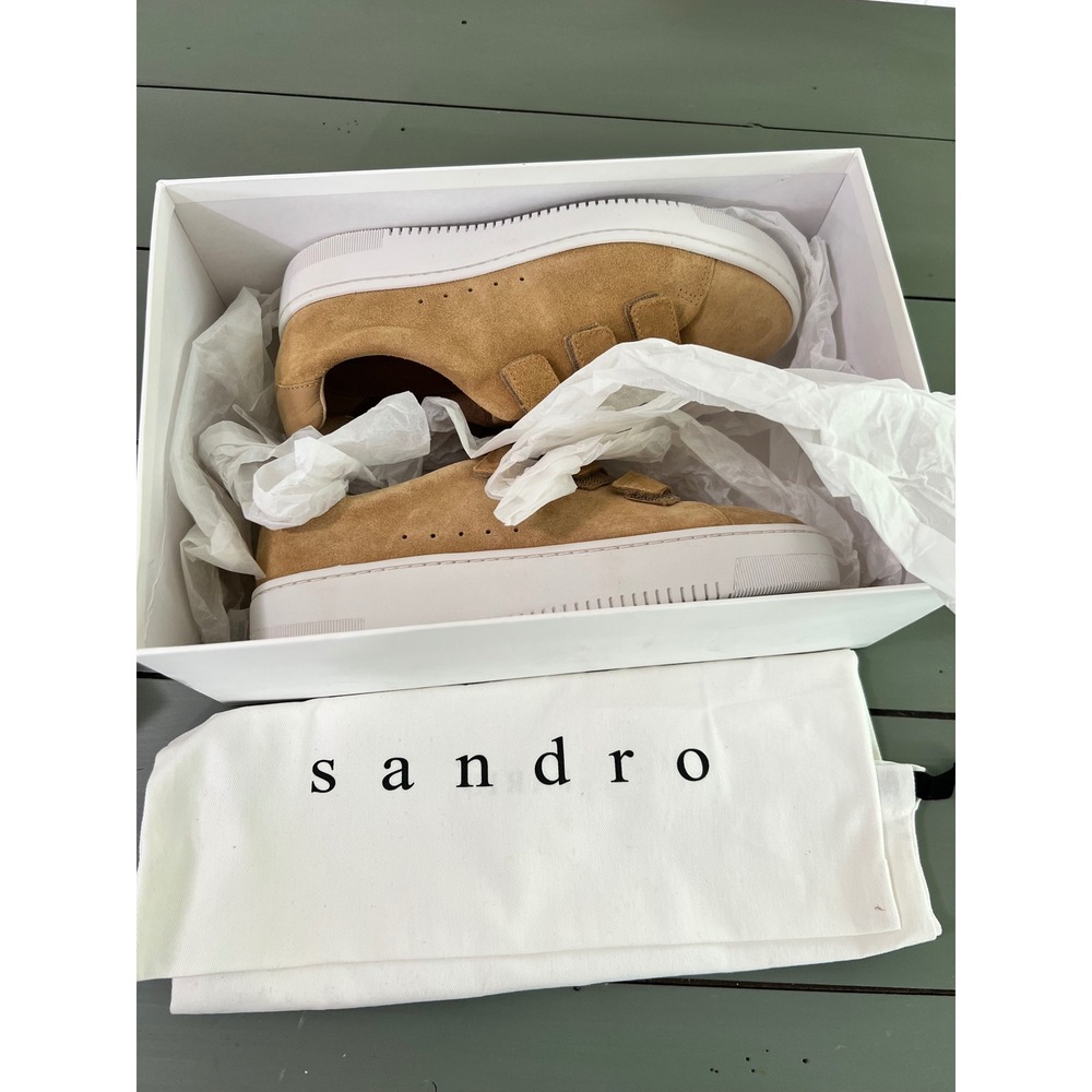 New in Box SANDRO Paris Women's Sneakers Suede Leather Mocha Cream Size 39 - Picture 12 of 14